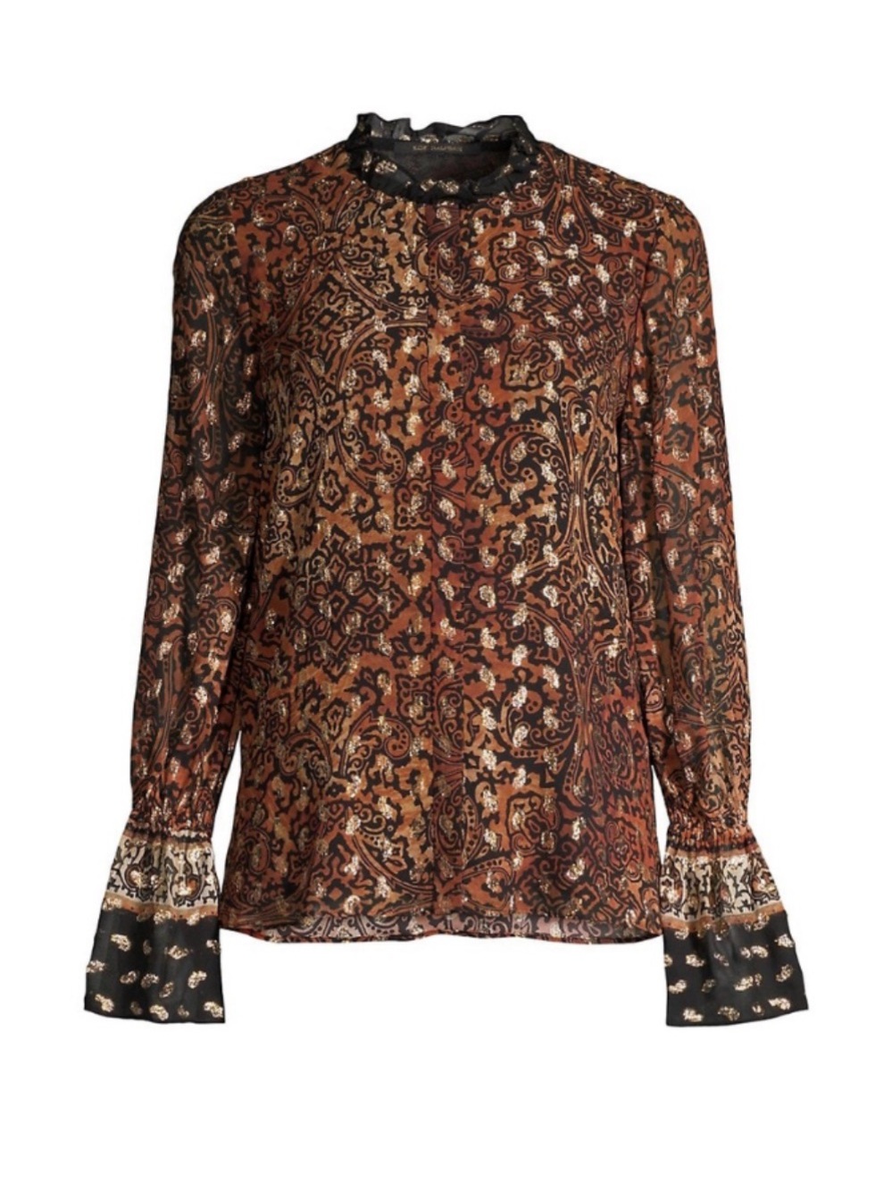 Kobi Halperin Dayna Blouse Black Paisley Ruffle Neck Long-Sleeve Metallic XS